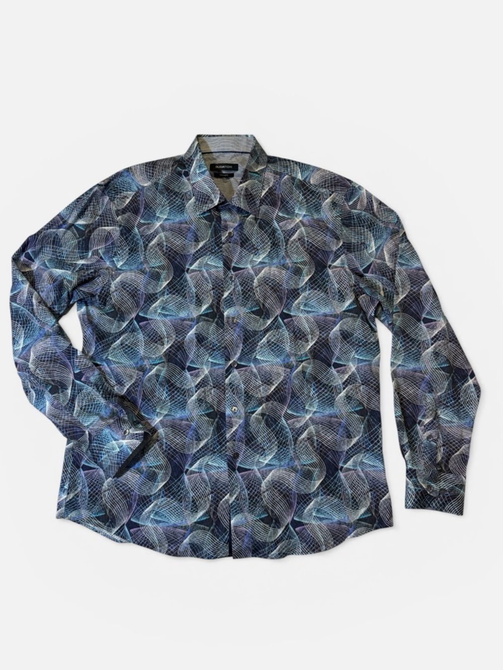 Bugatchi mens XL purple blue abstract pattern shaped button up casual shirt EUC
